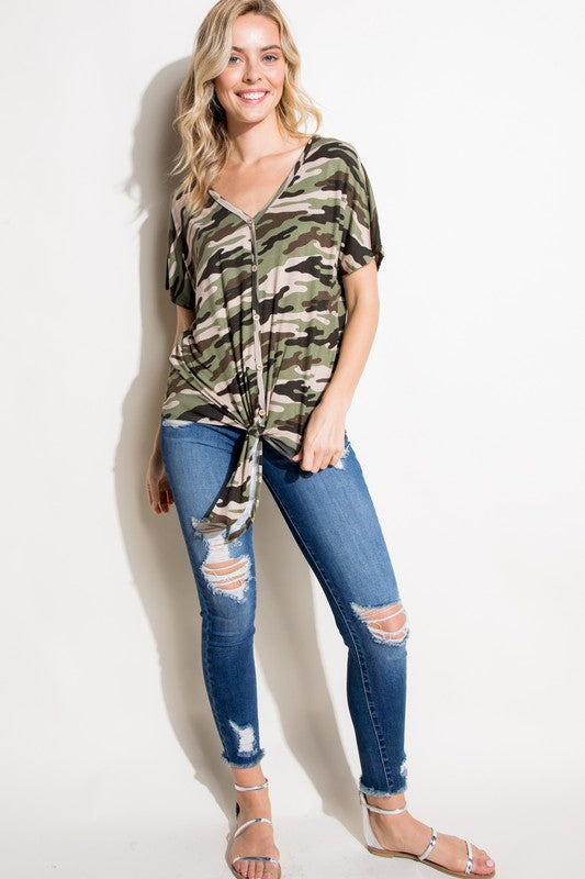 e Luna Camo V-Neck Button Down Top