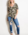 e Luna Camo V-Neck Button Down Top