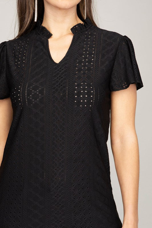 Embroidered Eyelet Blouse with Ruffle - Online Only