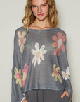 POL Flower Dropped Shoulder Long Sleeve Knit Top