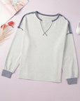 Women Seam Ribbed Patchwork V Neck Sweatshirt