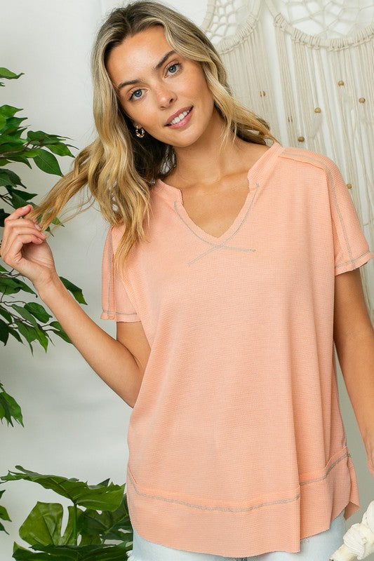 e Luna Solid Waffle V-Neck Top