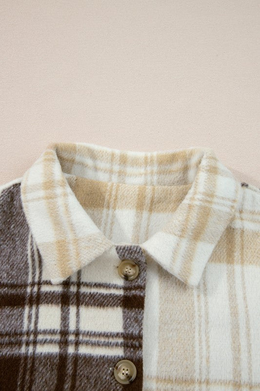 Plaid Patchwork Side Pocket Button-Up Shacket