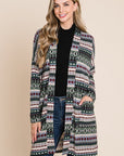 BOMBOM Geometric Open Front Long Sleeve Cardigan with Pockets