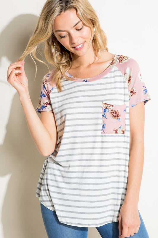 e Luna Striped Floral Mix Pocket Top