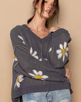 POL Floral Pattern Hooded High-Low Sweater