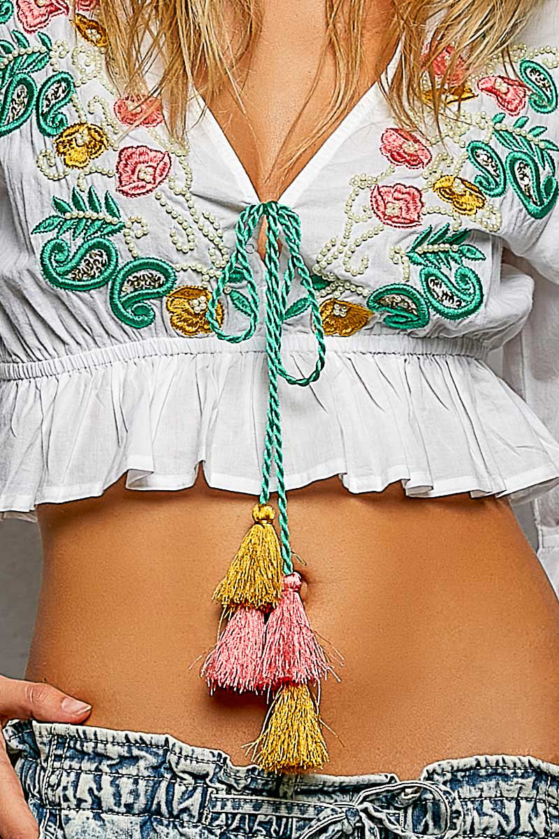 POL Floral Embroidered Cropped Blouse