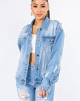 American Bazi Graphic Distressed Long Sleeve Denim Jacket