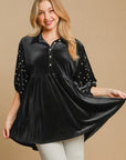 Umgee Pearl Detail Half Sleeve Velvet Babydoll Blouse