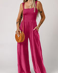 Smocked Square Neck Wide Leg Jumpsuit with Pockets - Online Only
