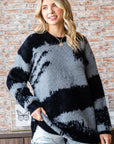 First Love Full Size Abstract Pattern Contrast Feather Yarn Sweater