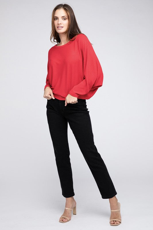 Zenana Ribbed Batwing Long Sleeve Boat Neck Sweater