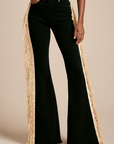 GJG Denim Texas Sun Bell Bottom Jeans — Black with Beige Fringe