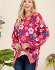 Celeste Full Size Side Slit Flower Print Long Sleeve Top