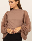 HYFVE Ruched Sheer Long Sleeve Mock Neck Blouse