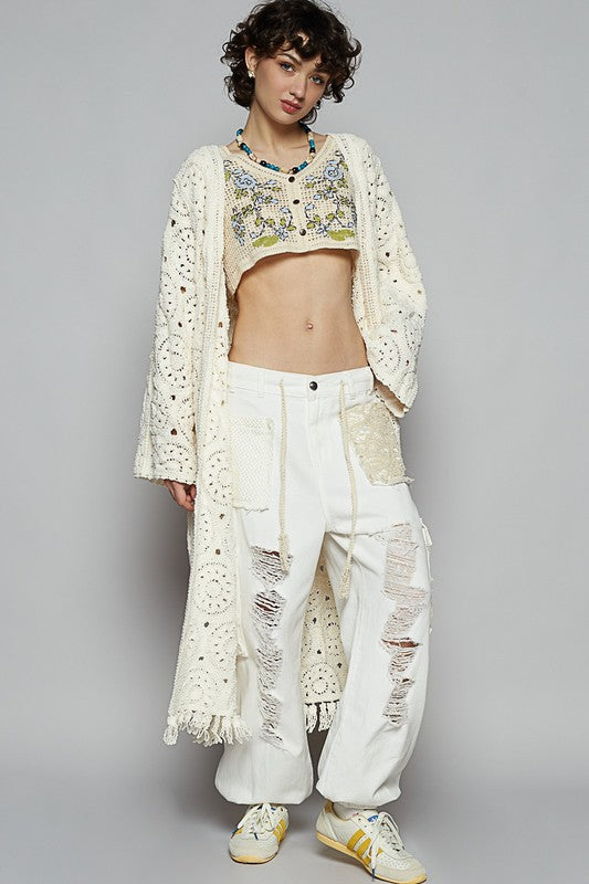 POL Crochet Fringe Open Front Longline Cardigan