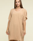 Zenana Woven Airflow V Neck T-Shirt Dress with Pockets