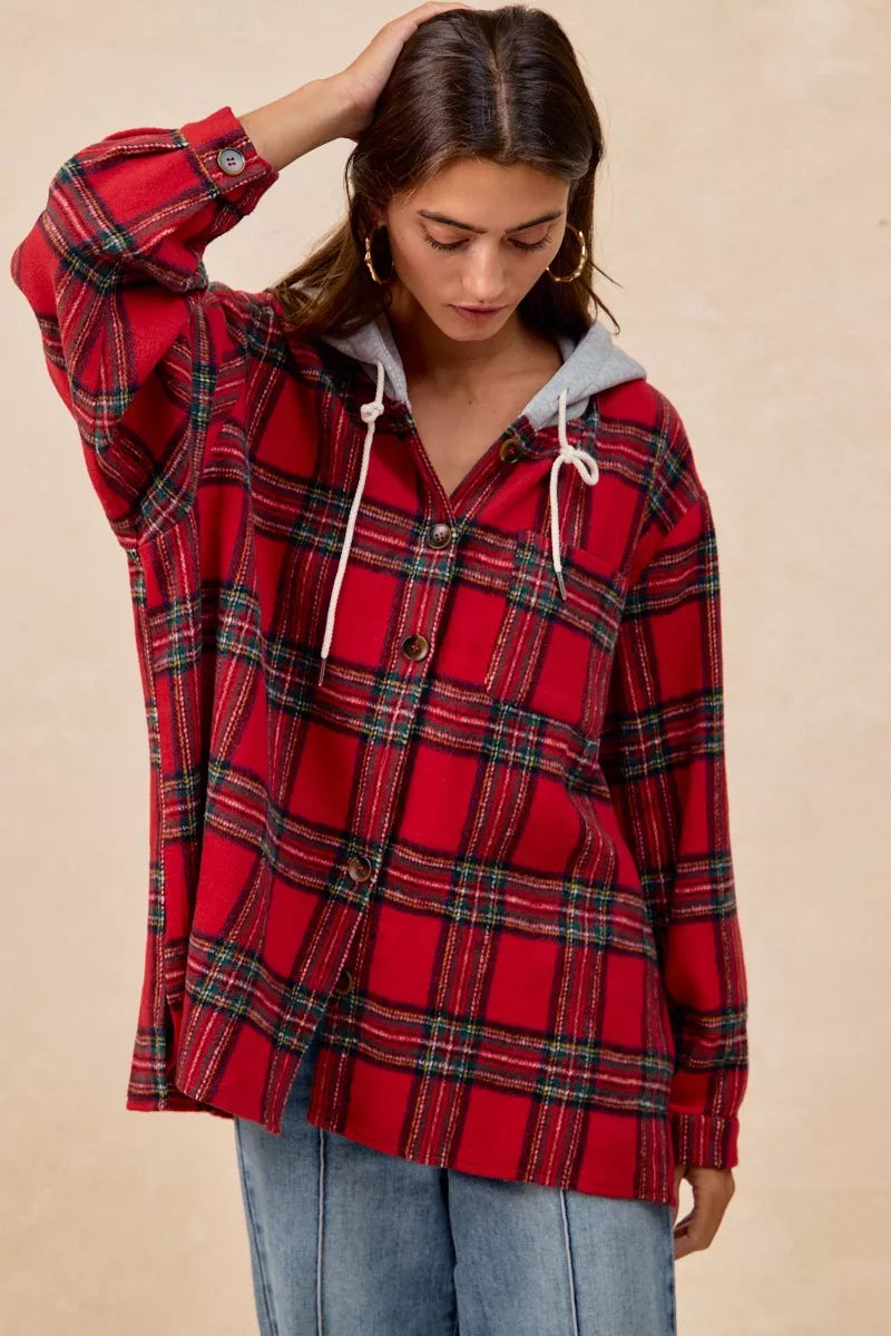BiBi Brushed Plaid Hooded Jacket
