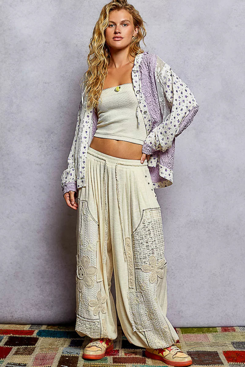 POL Floral Balloon Sleeve Hooded Lace Jacket with Stitch Detail