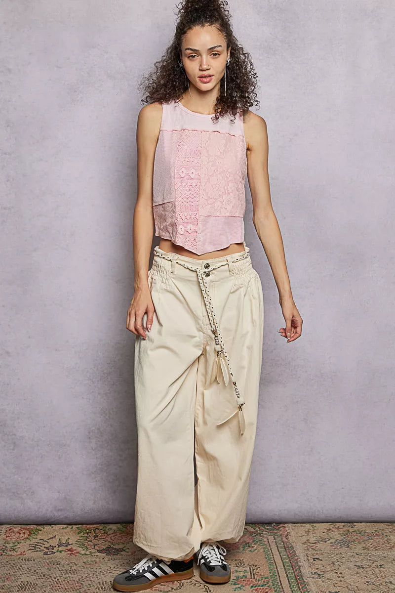 POL Ribbed Round Neck Cropped Tank with Lace Detail