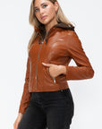 Snobbish Faux Leather Zip Up Drawstring Hooded Jacket