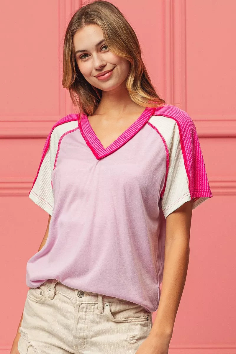 BiBi Cord Rib Combo V Neck Jersey Knit Top