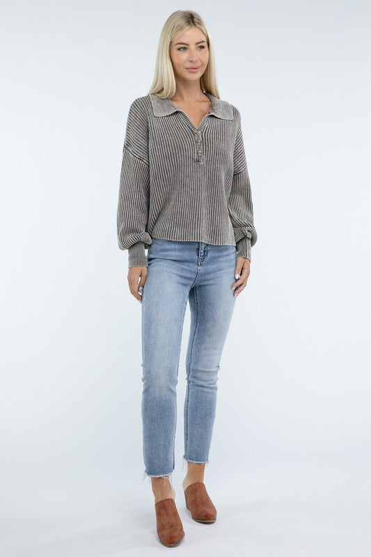 ZENANA Washed Collared Henley Sweater