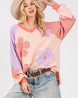 SAGE + FIG Full Size Daisy Applique Patch Color Block Long Sleeve Top