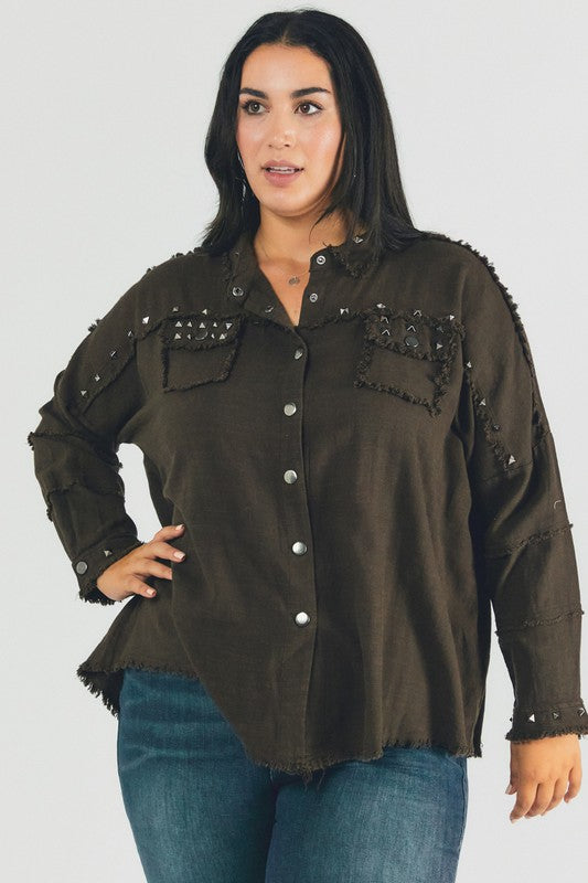 Davi &amp; Dani Plus Distressed Hem Oversize Shirt - Online Only