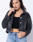 Cropped Denim Jacket with Rhinestone Fringe