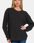 Zenana High Low Long Sleeve Waffle Sweater