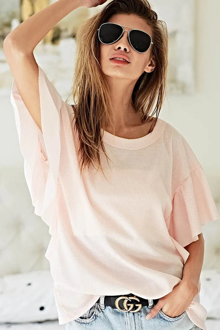 BiBi Thermal Knit with Ruffled Sleeve Top in Pink