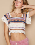 POL Openwork Ethnic Pattern Square Neck Cropped Knit Top