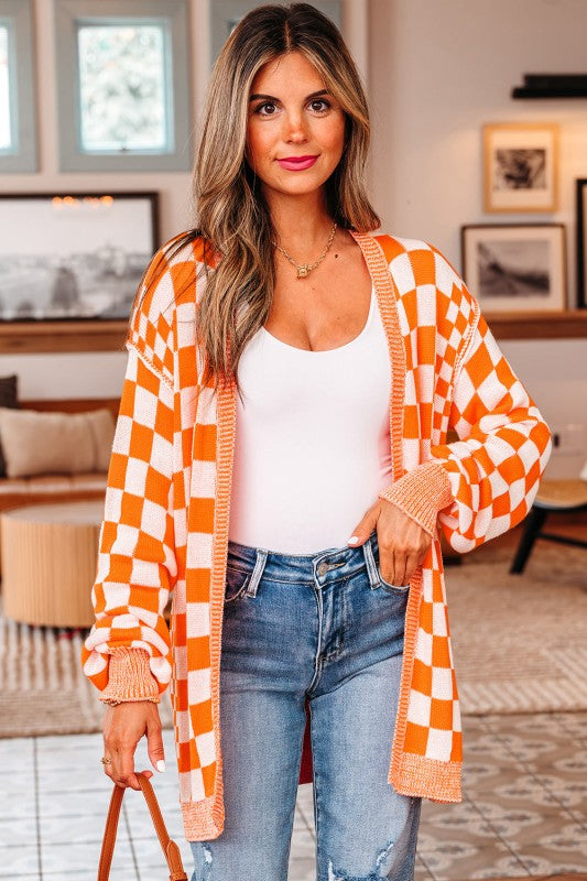 Checker Open Front Drop Shoulder Cardigan