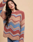 Annie Wear Multi Color Zig-Zag Round Neck Sweater