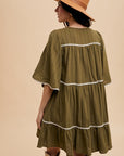 Annie Wear Tassel Contrast Trim Tie Neck Half Sleeve Tiered Dress