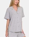 Zenana Button Down Short Sleeve Top and Shorts Lounge Set