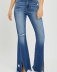 RISEN Full Size High Rise Front Slit Frayed Hem Flare Jeans