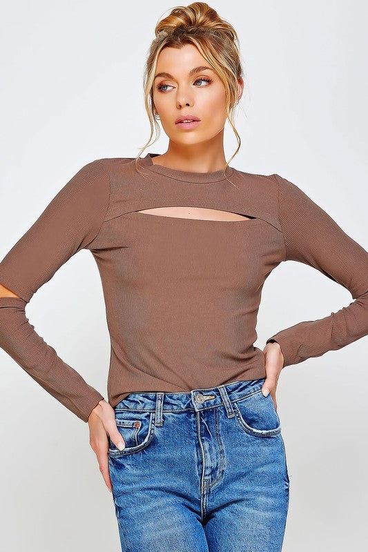 Ribbed Fitted Long Sleeve Top with Chest Cutout