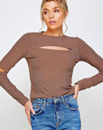 Ribbed Fitted Long Sleeve Top with Chest Cutout