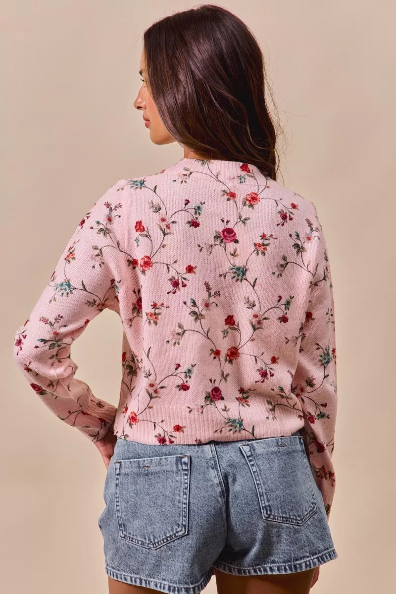 SO ME Floral Print Button Front Sweater Cardigan Top