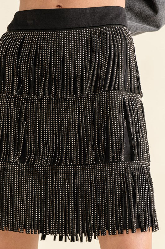 Sweet Generis Rhinestone Faux Suede Fringe Skirt