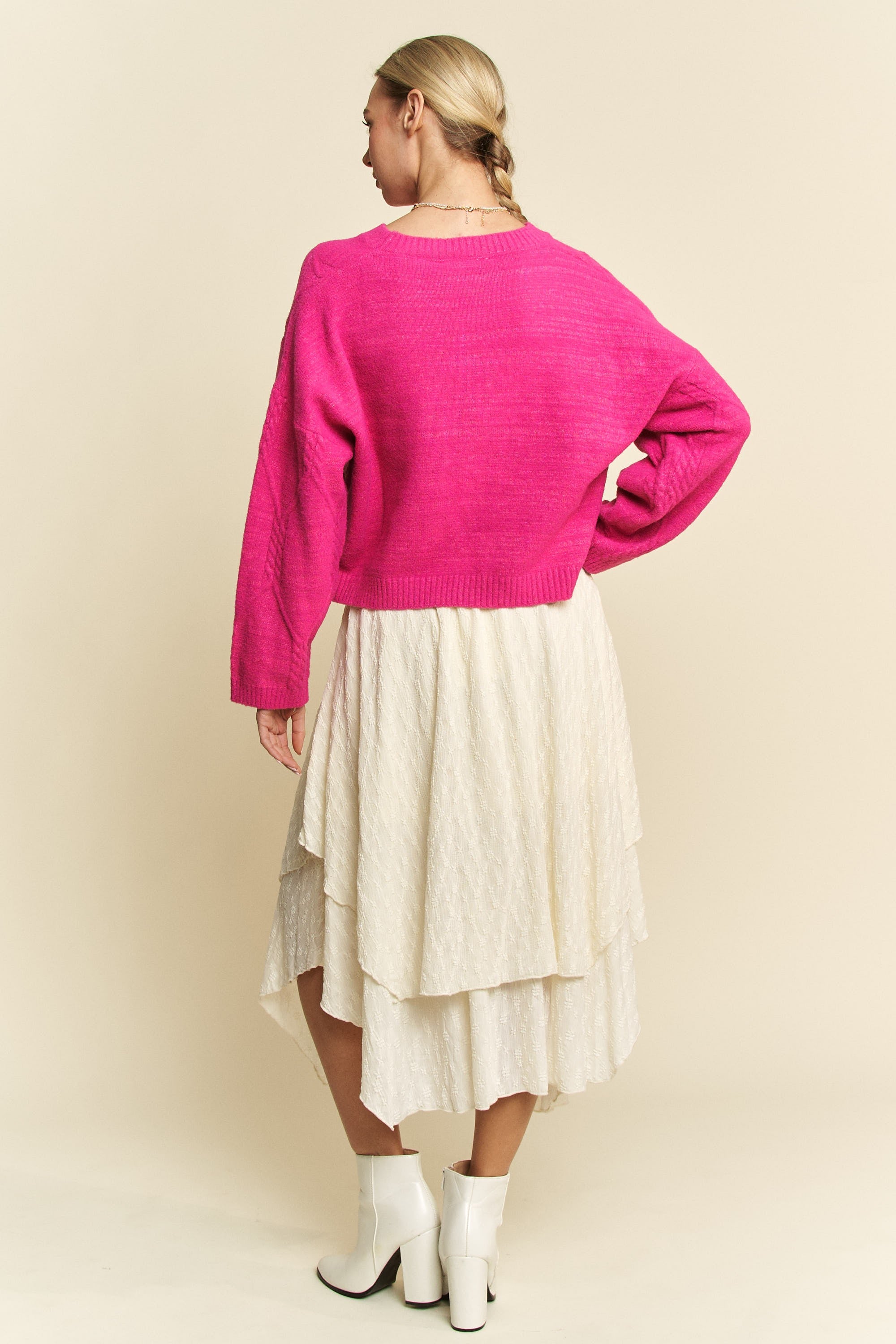 Davi &amp; Dani Diamond Cable Pattern Drop Shoulder Sweater