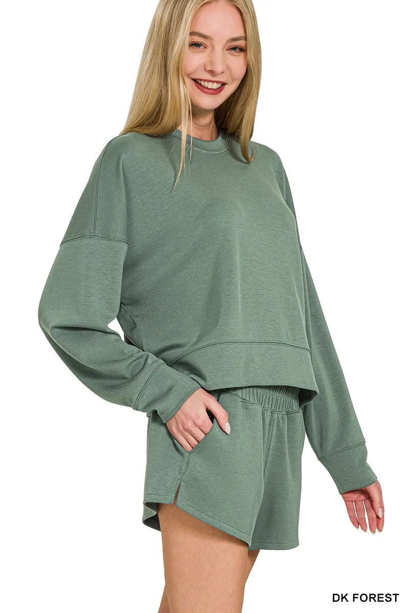 Zenana Scuba Long Sleeve Sweatshirts & Shorts Set in Forest