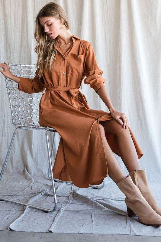 Jade by Jane Solid Button Down Belted Long Dress