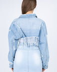 American Bazi Distressed Denim Jacket with Frayed Hem