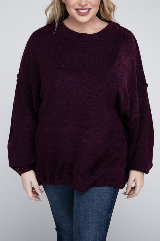 Zenana Plus Oversized Round Neck Raw Seam Melange Sweater