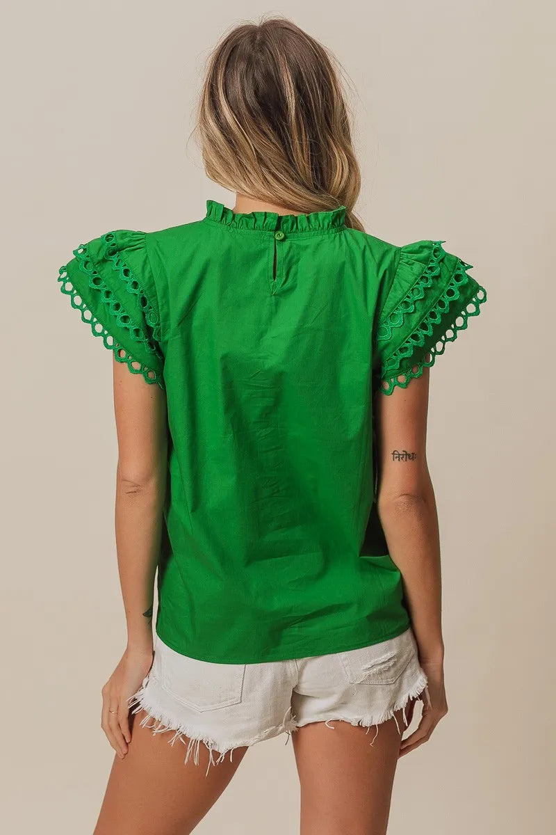 BiBi Solid Woven Circle Trim Ruffle Top