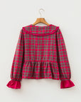 Plaid Collared Bow Tie Ruffle Long Sleeve Blouse