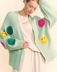 Davi & Dani Fuzzy Smile Open Front Long Sleeve Cardigan